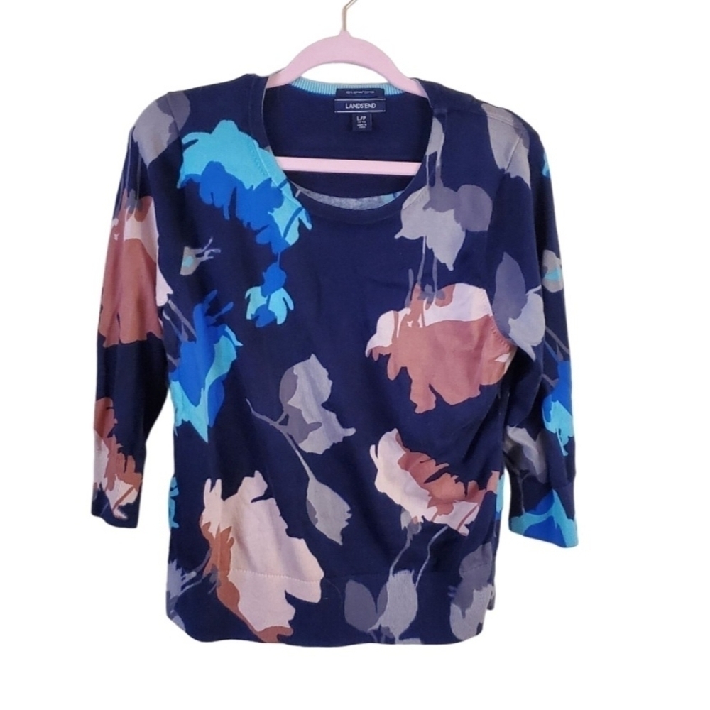 Lands' End Deep Sea Multi Floral Supima Cotton 3/4 Sleeve Sweater Size LP